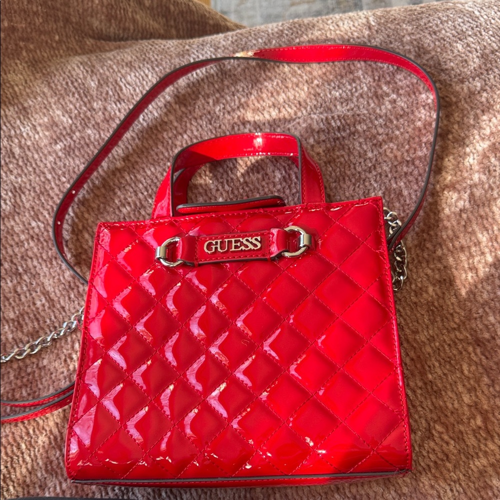 GUESS Red Quilted Patent Satchel with Chain Strap